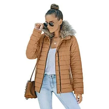 Vetinee Women Casual Faux Fur Lapel Zip Pockets Quilted Parka Jacket Puffer Coat Almond Brown Medium (Fits US 8-US 10)