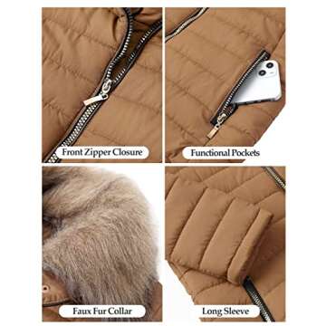 Vetinee Women Casual Faux Fur Lapel Zip Pockets Quilted Parka Jacket Puffer Coat Almond Brown Medium (Fits US 8-US 10)