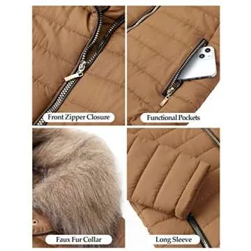 Vetinee Women Casual Faux Fur Lapel Zip Pockets Quilted Parka Jacket Puffer Coat Almond Brown Medium (Fits US 8-US 10)