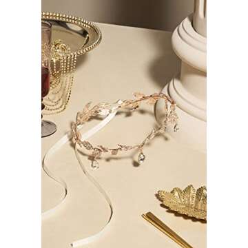 BABEYOND Crystal Leaf Wedding Diadem Headband Bridal Bridesmaid Forehead Band Rhinestone Bridal Tiara Crown (Rose Gold)