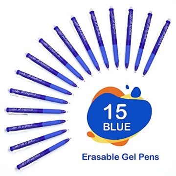 Lineon Erasable Gel Pens - 15 Pack Blue Ink with Erasers