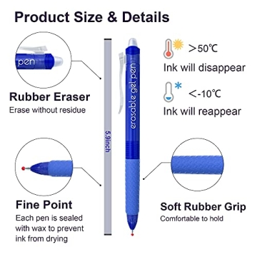 Lineon Erasable Gel Pens - 15 Pack Blue Ink with Erasers