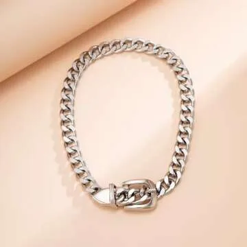 XUENMB Cuban Link Chain Necklace Punk Belt Buckle Shaped Chunky Choker Necklace Statement Thick Chain Necklace Jewelry Gifts for Women Men