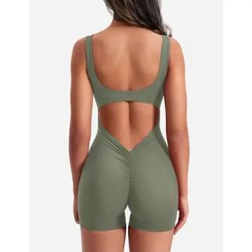YEOREO One Piece Workout Jumpsuits for Women Backless Tummy Control Sleeveless Jumpsuits Lizvette V Back Scrunch Yoga Romper Green M
