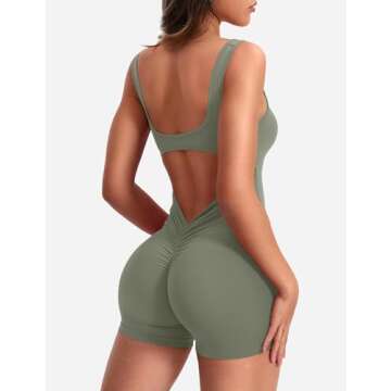 YEOREO One Piece Workout Jumpsuits for Women Backless Tummy Control Sleeveless Jumpsuits Lizvette V Back Scrunch Yoga Romper Green M