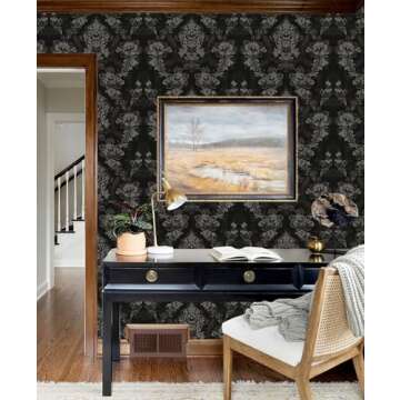 Yasinet Victorian Black Wallpaper Vintage Peel and Stick Wallpaper Removable Waterproof Wallpaper Decorative for Walls Living Room Bedroom Vinyl Roll 78.7" x 16.1"