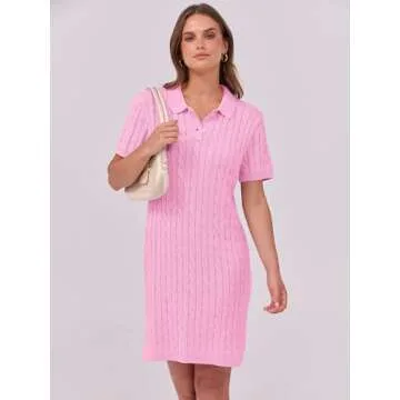 ANRABESS Short Sleeve Sweater Dress for Women Summer Casual V Neck Cable Knit Mini Polo Dresses 2025 Trendy Pink Medium