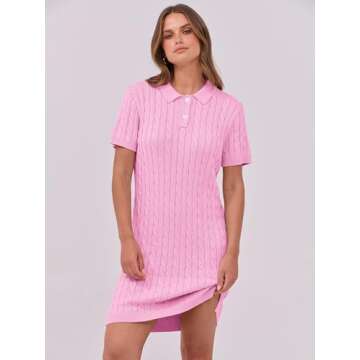 ANRABESS Short Sleeve Sweater Dress for Women Summer Casual V Neck Cable Knit Mini Polo Dresses 2025 Trendy Pink Medium