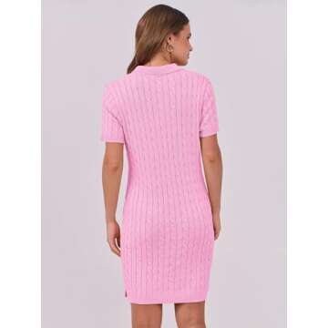 ANRABESS Short Sleeve Sweater Dress for Women Summer Casual V Neck Cable Knit Mini Polo Dresses 2025 Trendy Pink Medium