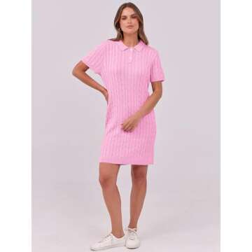 ANRABESS Short Sleeve Sweater Dress for Women Summer Casual V Neck Cable Knit Mini Polo Dresses 2025 Trendy Pink Medium