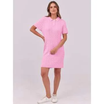 ANRABESS Short Sleeve Sweater Dress for Women Summer Casual V Neck Cable Knit Mini Polo Dresses 2025 Trendy Pink Medium