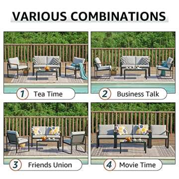 NATURAL EXPRESSIONS 4 Pieces Patio Furniture Sets,Outdoor Metal Sectional Furniture Modern Patio Conversation Set,Fauxwood Anti-Scald Armrest,Sling Mesh,Tempered-Glass Table,4" Olefin Cushions