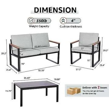 NATURAL EXPRESSIONS 4 Pieces Patio Furniture Sets,Outdoor Metal Sectional Furniture Modern Patio Conversation Set,Fauxwood Anti-Scald Armrest,Sling Mesh,Tempered-Glass Table,4" Olefin Cushions