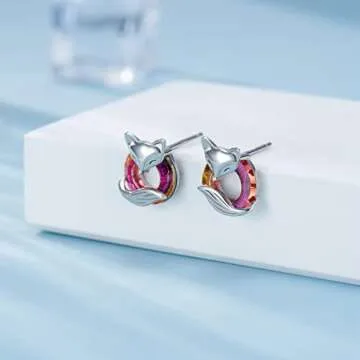925 Sterling Silver Animals Earrings Hypoallergenic Stud Earrings Cute Animal Jewelry Unique Gifts for Women (Fox Stud)