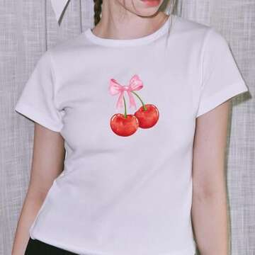 Women Y2K Bow Print T Shirt Cute Graphic Baby Tees Short Sleeve Crop Top E Girls Aesthetic Clothes(B...