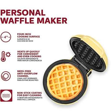 Holstein Housewares Personal/Mini Waffle Maker, Non-Stick Coating, Yellow - 4-inch Waffles in Minutes, Ideal for Breakfast, Brunch, Lunch or Snacks