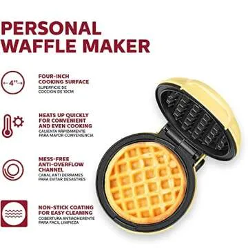 Holstein Housewares Personal/Mini Waffle Maker, Non-Stick Coating, Yellow - 4-inch Waffles in Minutes, Ideal for Breakfast, Brunch, Lunch or Snacks