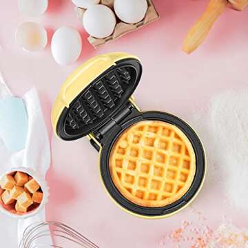 Holstein Housewares Personal/Mini Waffle Maker, Non-Stick Coating, Yellow - 4-inch Waffles in Minutes, Ideal for Breakfast, Brunch, Lunch or Snacks