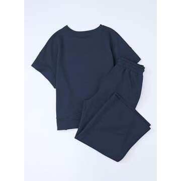 SHEWIN Two Piece Outfits for Women Lounge Sweat Set Casual Short Sleeve Crewneck Shirts Loose Pants Loungewear Matching Pajamas Sets 2025 Summer Trendy Clothes Tracksuits Navy Blue M