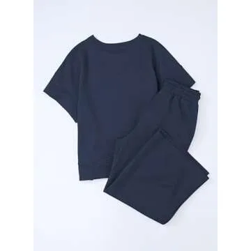 SHEWIN Two Piece Outfits for Women Lounge Sweat Set Casual Short Sleeve Crewneck Shirts Loose Pants Loungewear Matching Pajamas Sets 2025 Summer Trendy Clothes Tracksuits Navy Blue M
