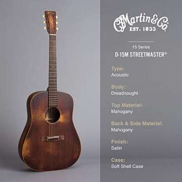 Martin Guitar D-15M StreetMaster with Gig Bag, Acoustic Guitar for the Working Musician, Mahogany Construction, Distressed Satin Finish, D-14 Fret, and Low Oval Neck Shape
