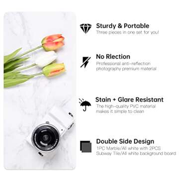 EOAJAFOU 3PCS 24×24in Photo Backdrop Boards White Marble & White Brick Wall with 3PCS Bracket for Food Photography Background