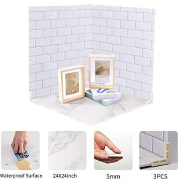 EOAJAFOU 3PCS 24×24in Photo Backdrop Boards White Marble & White Brick Wall with 3PCS Bracket for Food Photography Background
