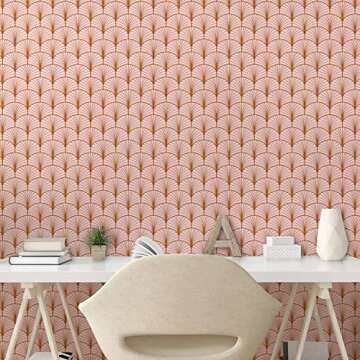 Ambesonne Blush Pink Peel & Stick Wallpaper for Home, Art Deco Style Geometric Vintage Repetitive Feathers Scale Motif Pattern, Self-Adhesive Living Room Kitchen Accent, 13" x 100", Ginger Blush