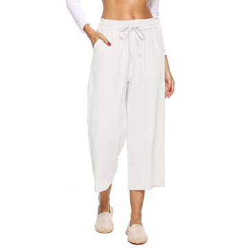 LNX Womens Linen Pants High Waisted Wide Leg Drawstring Casual Loose Trousers with Pockets White