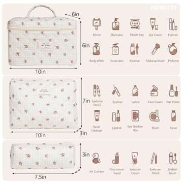 honitty Makeup Bag,Quilted Cosmetic Bag,Large Floral Make Up Bag for Women,Cotton Makeup Bag Set,Flo...