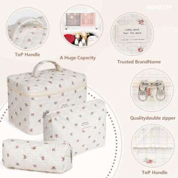 honitty Makeup Bag,Quilted Cosmetic Bag,Large Floral Make Up Bag for Women,Cotton Makeup Bag Set,Flower Travel Toiletry Bag