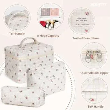 honitty Makeup Bag,Quilted Cosmetic Bag,Large Floral Make Up Bag for Women,Cotton Makeup Bag Set,Flower Travel Toiletry Bag