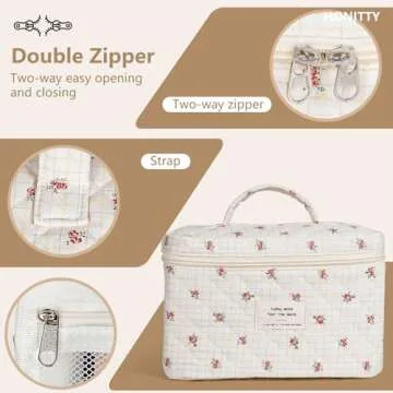 honitty Makeup Bag,Quilted Cosmetic Bag,Large Floral Make Up Bag for Women,Cotton Makeup Bag Set,Flower Travel Toiletry Bag