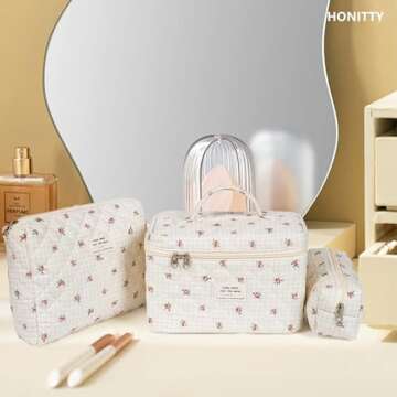 honitty Makeup Bag,Quilted Cosmetic Bag,Large Floral Make Up Bag for Women,Cotton Makeup Bag Set,Flower Travel Toiletry Bag