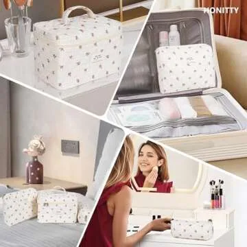 honitty Makeup Bag,Quilted Cosmetic Bag,Large Floral Make Up Bag for Women,Cotton Makeup Bag Set,Flower Travel Toiletry Bag