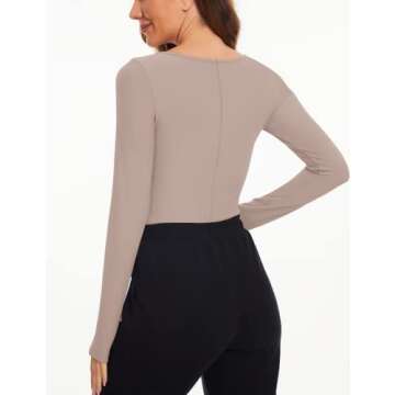 MISSACTIVER Women's V Neck Built in Shelf Bra Stitch Curve Hem Sleeveless Vest Racerback Padded Cropped Tank Top Workout Yoga(Medium, Long Sleeve-Green