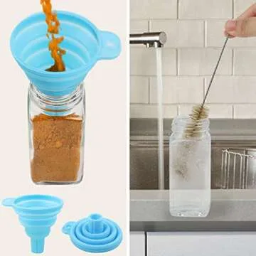 CUCUMI 36pcs 4oz Glass Spice Jars Spice Containers Square Spcie Bottles with Black Caps, 1pcs Silicone Collapsible Funnel 203pcs Waterproof Labels 1pcs Test Tube Brush 1 Chalk Marker