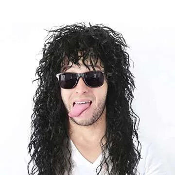 Morvally Men’s 80s Style Long Black Curly Hair Wig for Glam Rock and Costume Parties