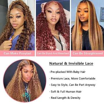 30 Inch Ombre Highlight 13x4 HD Lace Front Wig for Women Deep Wave Lace Frontal Human Hair Pre Plucked Baby Hair Curly Wigs for Women Glueless Human Hair Wigs 180% Density P4/27 Honey Blonde Color