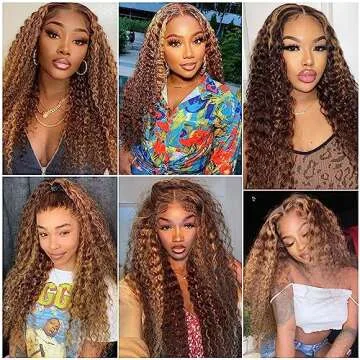 30 Inch Ombre Highlight 13x4 HD Lace Front Wig for Women Deep Wave Lace Frontal Human Hair Pre Plucked Baby Hair Curly Wigs for Women Glueless Human Hair Wigs 180% Density P4/27 Honey Blonde Color