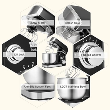 Portable 3.2Qt Stand Mixer with 6 Speeds & Accessories