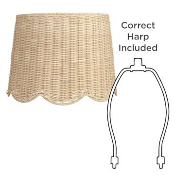 13" Top x 15 1/2" Bottom x 11 3/4" High x 11 3/4" Slant Lamp Shade Replacement Medium Beige Drum Round Tapered Coastal Natural Cottage Unbleached Rattan Scalloped Spider Harp Finial - Springcrest