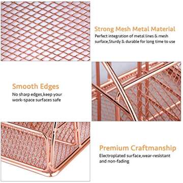 Desk Organizer for Women,Cute Mesh Office Supplies Accessories Essentials Caddy with 5 Compartments+1 Mini Sliding Drawer for Home & Office Desktop Organization & Decor, Rose Gold