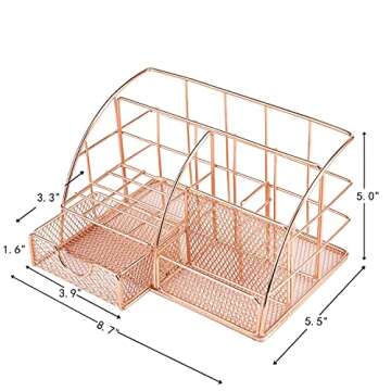 Desk Organizer for Women,Cute Mesh Office Supplies Accessories Essentials Caddy with 5 Compartments+1 Mini Sliding Drawer for Home & Office Desktop Organization & Decor, Rose Gold