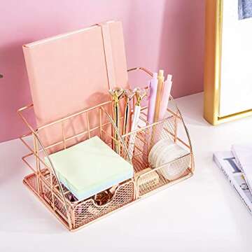 Desk Organizer for Women,Cute Mesh Office Supplies Accessories Essentials Caddy with 5 Compartments+1 Mini Sliding Drawer for Home & Office Desktop Organization & Decor, Rose Gold