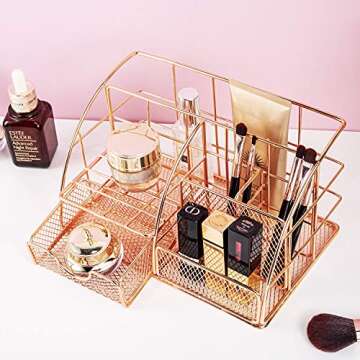 Desk Organizer for Women,Cute Mesh Office Supplies Accessories Essentials Caddy with 5 Compartments+1 Mini Sliding Drawer for Home & Office Desktop Organization & Decor, Rose Gold