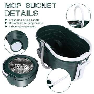 Masthome Mop and Bucket with Wringer Set, Spin Mop Bucket Floor Cleaning System with 2 Wheels for Easy Moving, 5 Microfiber Mop Refills & 1 Floor Brush Head Included