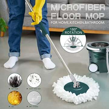 Masthome Mop and Bucket with Wringer Set, Spin Mop Bucket Floor Cleaning System with 2 Wheels for Easy Moving, 5 Microfiber Mop Refills & 1 Floor Brush Head Included