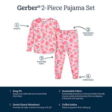 Gerber Unisex Baby Toddler Buttery Soft 2-Piece Snug Fit Pajamas with Viscose Made from Eucalyptus, Just Peachy, 12 Months