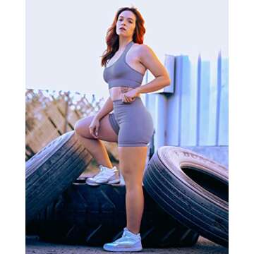 SUUKSESS Women Two Piece Seamless Ribbed Workout Sets Outfits Backless Halter Sports Bra Booty Biker Shorts (Grey, S)